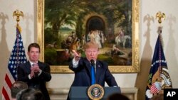 President Donald Trump gestures during a meeting with U.S. and Japanese Business Leaders at the U.S. Ambassador's residence, Monday, Nov. 6, 2017, in Tokyo. Trump is on a five country trip through Asia traveling to Japan, South Korea, China, Vietnam and t