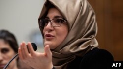 Hatice Cengiz, the fiancee of slain Saudi journalist Jamal Khashoggi, gestures as she testifies before a House Foreign Relations subcommittee hearing on the dangers of reporting on human rights, on Capitol Hill in Washington, May 16, 2019.