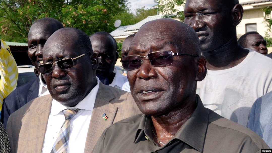 FILE - South Sudan's ousted army chief Paul Malong addresses the media after returning to the South Sudan's capital of Juba.