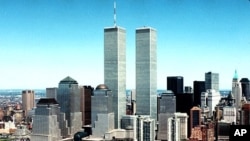 New York City skyline with World Trade Center twin towers in Center. (1990 file photo)