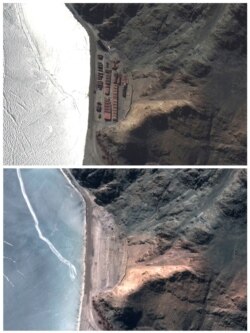 A combination photo shows a view of an area known as Finger 6 with deployments in place (top) and deployments removed at Pangong Tso, in this handout satellite image provided by Maxar dated Jan. 30 and Feb.16, 2021. (Maxar Technology/via Reuters)