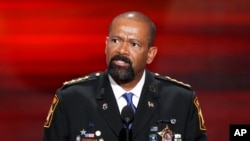 David Clarke, Sheriff of Milwaukee County, Wis., speaks during the opening day of the Republican National Convention in Cleveland, July 18, 2016.