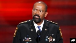David Clarke, Sheriff of Milwaukee County, Wis., speaks during the opening day of the Republican National Convention in Cleveland, July 18, 2016.