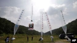 지난해 9월 탈북자들이 경기도 파주에서 북한의 핵실험을 비난하는 집회를 하는 도중 김정은 북한 국무위원장을 비난하는 내용의 전단지를 살포하고 있다. (자료사진) 
