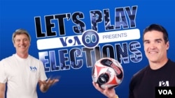 VOA's Ted Greenfield and Alberto Mascaro on the poster for Let's Play Elections