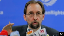 FILE - United Nations High Commissioner for Human Rights Zeid Ra’ad al-Hussein addresses the media in Colombo, Sri Lanka, Feb. 9, 2016.