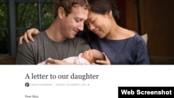 Screenshot of a Facebook note of CEO Mark Zuckerberg on Tuesday, December 01, 2015, in which he announced his new-born daughter and that he will donate 99% of his shares at Facebook, which he said is currently totaling $45 billion. (web screenshot)