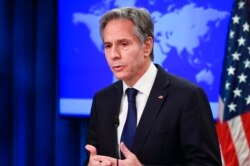 Secretary of State Antony Blinken delivers year-end remarks for 2021 during a news conference at the State Department in Washington, Dec. 21, 2021.