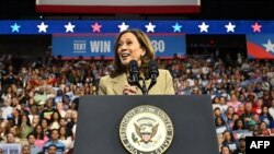 US Vice President and Democratic presidential candidate Kamala Harris speaks during a campaign event at Desert Diamond Arena in Glendale, Arizona, on August 9, 2024. (Photo by Robyn Beck / AFP)