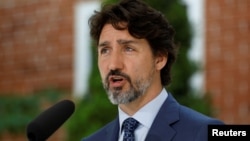 2020年6月22日加拿大总理特鲁多在加拿大安大略省渥太华新闻发布会上发表讲话。