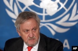 Then the top UN envoy in Afghanistan, Nicholas Haysom speaks during a press conference in Kabul, Feb. 18, 2015.