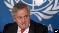 Then the top U.N. envoy in Afghanistan, Nicholas Haysom, speaks during a press conference in Kabul, Feb. 18, 2015. 