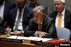 FILE - United Nations Secretary General Antonio Guterres addresses a meeting of the U.N. Security Council on South Sudan at U.N. headquarters in New York City, March 23, 2017.