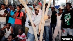 African asylum seekers gather in the shade of trees during a protest after leaving Holot open detention center in southern Israel's Negev desert, June 28, 2014.