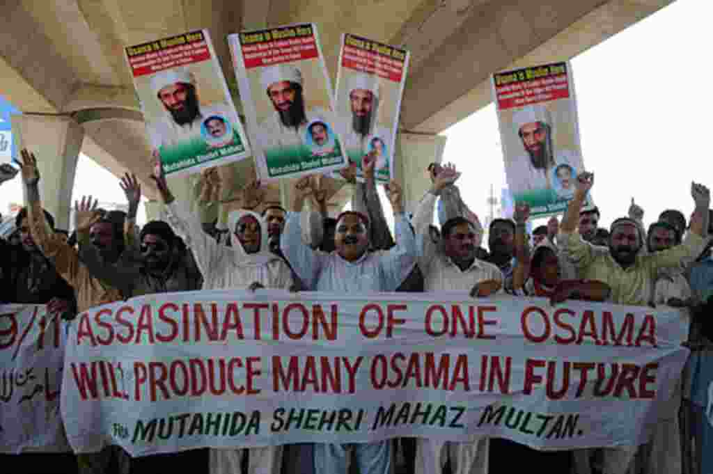 Supporters of a local social group Muthahida Shehri Mahaz rally to condemn the killing of al-Qaida leader Osama bin Laden in Multan, Pakistan on Friday, May 6, 2011. Osama bin Laden was killed by a helicopter-borne U.S. military force on Monday, in a fort