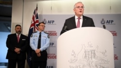 PM Australia Scott Morrison berbicara di Canberra selama briefing media tentang Operasi untuk menumpas kejahatan terorganisir internasional (7/6).