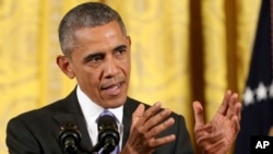 15일 바락 오바마 대통령이 백악관에서 이란 핵 협상 타결에 관한 기자회견을 하고 있다.