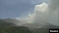 A video grab from the Japan Meteorological Agency's live camera image shows an eruption of Mount Shindake on Kuchinoerabujima island, Kagoshima Prefecture, southwestern Japan, May 29, 2015.
