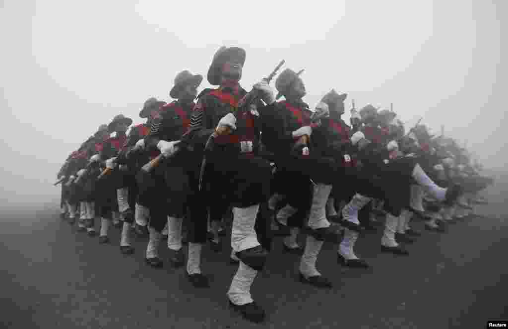 Indian soldiers take part in rehearsal for the Republic Day parade on a foggy winter morning in New Delhi.&nbsp; India will celebrate its annual Republic Day on January 26.