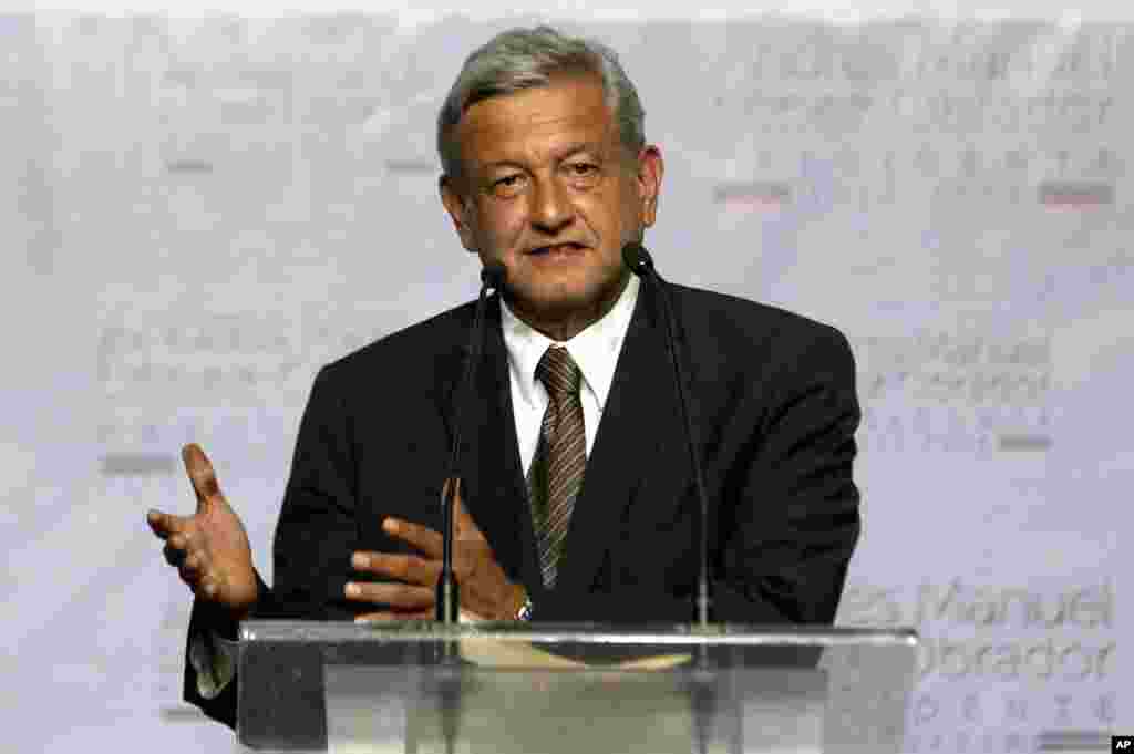 residential candidate Andres Manuel Lopez Obrador of the Democratic Revolution Party (PRD) speaks in Mexico City, July 1, 2012.