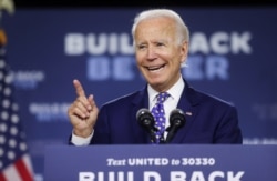 FILE - Democratic presidential candidate and former Vice President Joe Biden speaks about his plans to combat racial inequality at a campaign event in Wilmington, Delaware, July 28, 2020.