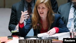 사만사 파워 유엔주재 미국 대사가 6일 유엔 본부에서 열린 우크라이나 사태 관련 안보리 회의에서 발언하고 있다. (자료사진)