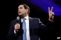 FILE - Republican presidential candidate Sen. Marco Rubio, R-Fla, speaks at a rally in Reno, Nevada, Feb. 22, 2016. Both Rubio and Cruz stated their willingness to make public their tax records and criticized Trump for demurring on the issue.