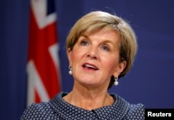 FILE - Australian Foreign Minister Julie Bishop speaks at a joint press conference with New Zealand's Foreign Minister Gerry Brownlee in Sydney, Australia, May 4, 2017.