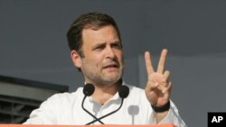 India's main opposition Congress party President Rahul Gandhi speaks during a public meeting at Adalaj in Gandhinagar, India, March 12, 2019.
