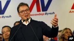 Serbian Prime Minister and presidential candidate Aleksandar Vucic speaks during a press conference after claiming victory in the presidential election, in Belgrade, Serbia, April 2, 2017.