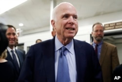 FILE - Sen. John McCain, R-Ariz., speaks to reporters on Capitol Hill in Washington, Oct. 19, 2017.