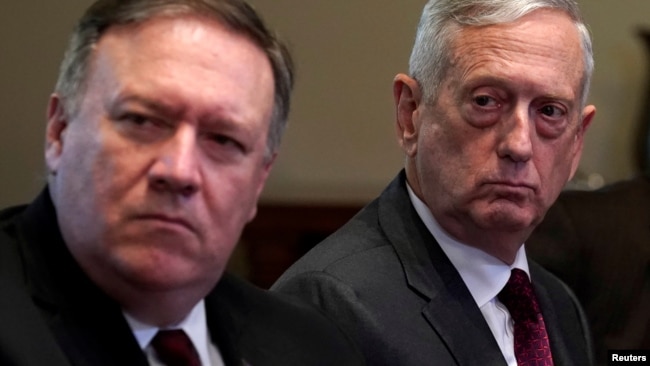 FILE - U.S. Secretary of State Mike Pompeo (L) and Secretary of Defense James Mattis are seen at a meeting at the White House, in Washington, May 17, 2018.