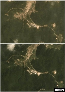 A combination of two satellite images taken on June 22, 2018, (top) and July 22, 2018, show activity at the Sohae rocket launch site in North Korea. (Planet Labs Inc. Handout via Reuters)