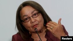 FILE - Cape Town Mayor Patricia de Lille speaks to the media during a news conference at the C40 Mayors Summit in Mexico City, Dec. 2, 2016.