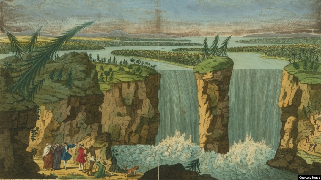 A "perspective view" of Niagara Falls drawn by Robert Hancock, 1751-1770. The name Niagara is likely derived from the Iroquoian word “Onguiaahra” or “the Strait.” Courtesy of the John Carter Brown Library at Brown University.