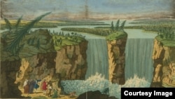 A "perspective view" of Niagara Falls drawn by Robert Hancock, 1751-1770. The name Niagara is likely derived from the Iroquoian word “Onguiaahra” or “the Strait.” Courtesy of the John Carter Brown Library at Brown University.