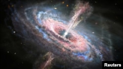 This artist's concept shows a galaxy with a brilliant quasar, a very bright, distant and active supermassive black hole, at its center. (NASA, ESA and J. Olmsted (STScI)/Handout via REUTERS)