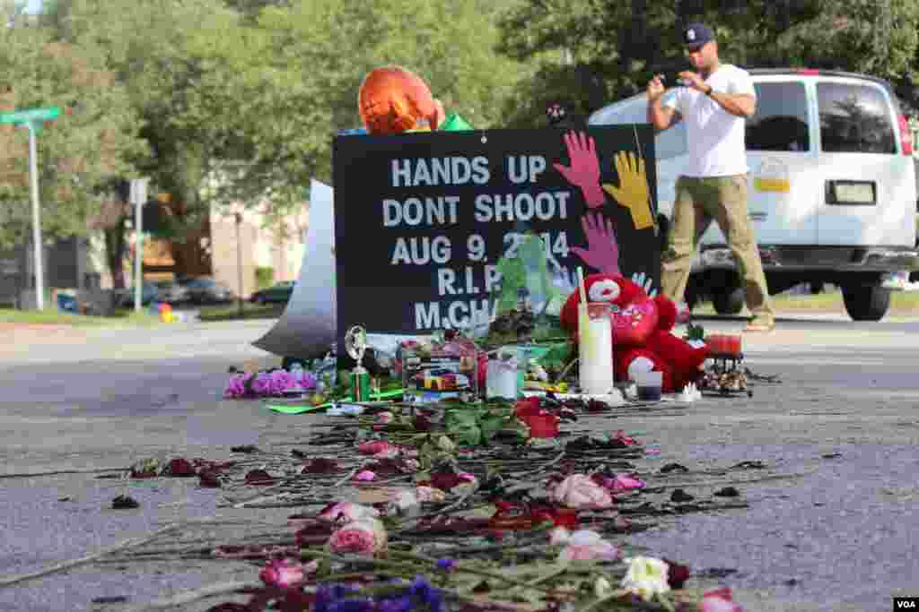A&nbsp; tribute of flowers and signs are seen at the site that teenager Michael Brown was shot and killed by a police officer, Ferguson, Missouri, Aug. 24, 2014. (Gesell Tobias, VOA)