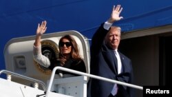 U.S. President Donald Trump and first lady Melania Trump arrive on Air Force One at U.S. Air Force Yokota base, on the outskirts of Tokyo, Nov. 5, 2017.
