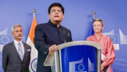 Menteri Perdagangan dan Industri India, Piyush Goyal, berbicara dalam konferensi pers di markas Uni Eropa di Brussels, Belgia, pada 16 Mei 2023. (Foto: AP/Geert Vanden Wijngaert)