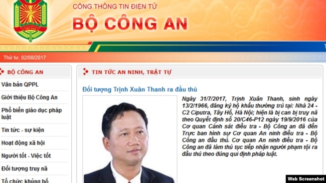 Thông báo của Bộ Công an Việt Nam về chuyện ông Trịnh Xuân Thanh ra "đầu thú" hôm 31/7.