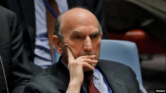 U.S. diplomat Elliott Abrams listens during a meeting of the U.N. Security Council called to discuss the Venezuelan situation at U.N. headquarters in New York, Feb. 28, 2019.