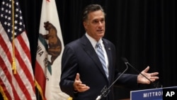 Republican presidential candidate Mitt Romney speaks to reporters in Costa Mesa, California on September 17, 2012, about a secretly-taped video from one of his campaign fundraising events.