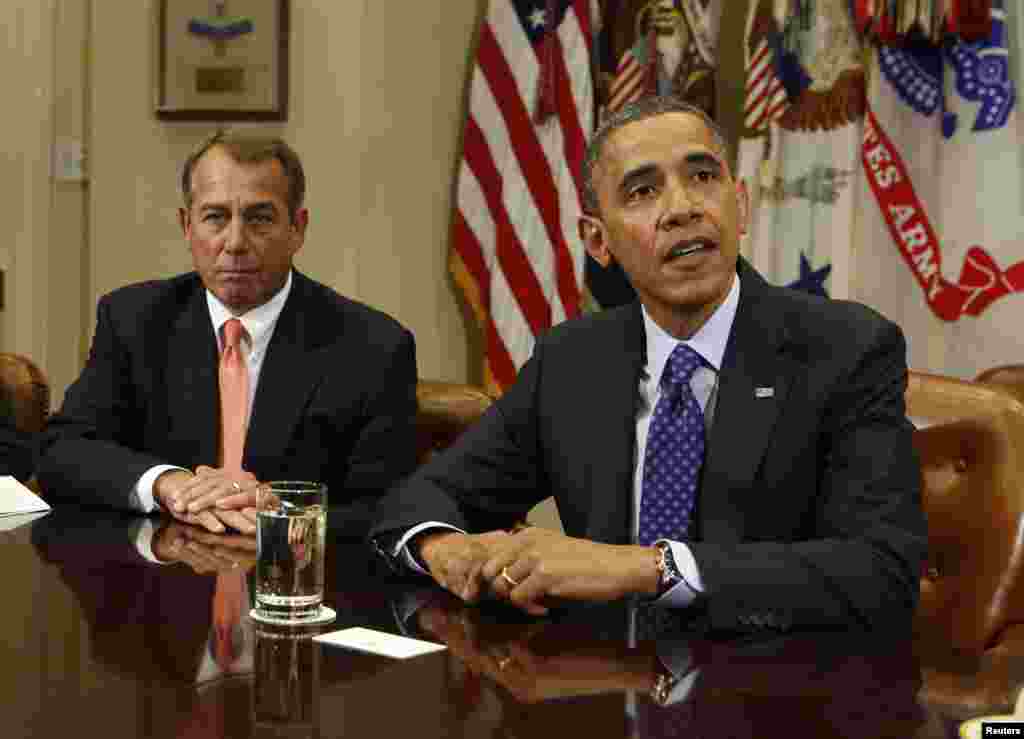 US President Barack Obama speaks at a White House meeting on the economy with congressional leaders November 16, 2012. To the president's left is House Speaker John Boehner.