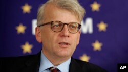FILE - Hansjoerg Haber, the European Union monitoring mission chief in Georgia, Dec. 22, 2009. A radio report said Germany's BND foreign intelligence service spied on Haber from 2008-2011 when he was head of the EU's observer mission in Georgia and subsequently a senior diplomat in Brussels.