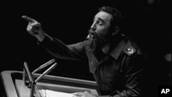 FILE - In this Oct. 12, 1979, file photo, Cuban President Fidel Castro points during his lengthy speech before the U.N. General Assembly, in New York.