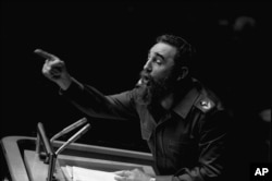 FILE - In this Oct. 12, 1979, file photo, Cuban President Fidel Castro points during his lengthy speech before the U.N. General Assembly, in New York.