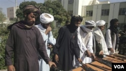 Para pejuang Taliban menyerahkan senjata dalam perjanjian damai di Herat (foto: dok). 5 orang wakil kelompok Taliban Afghanistan dan utusan AS berunding di Qatar.