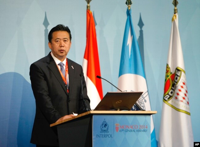 中华人民共和国公安部副部长孟宏伟2014年11月4日在摩纳哥举行的第83届国际刑警组织大会上致辞。