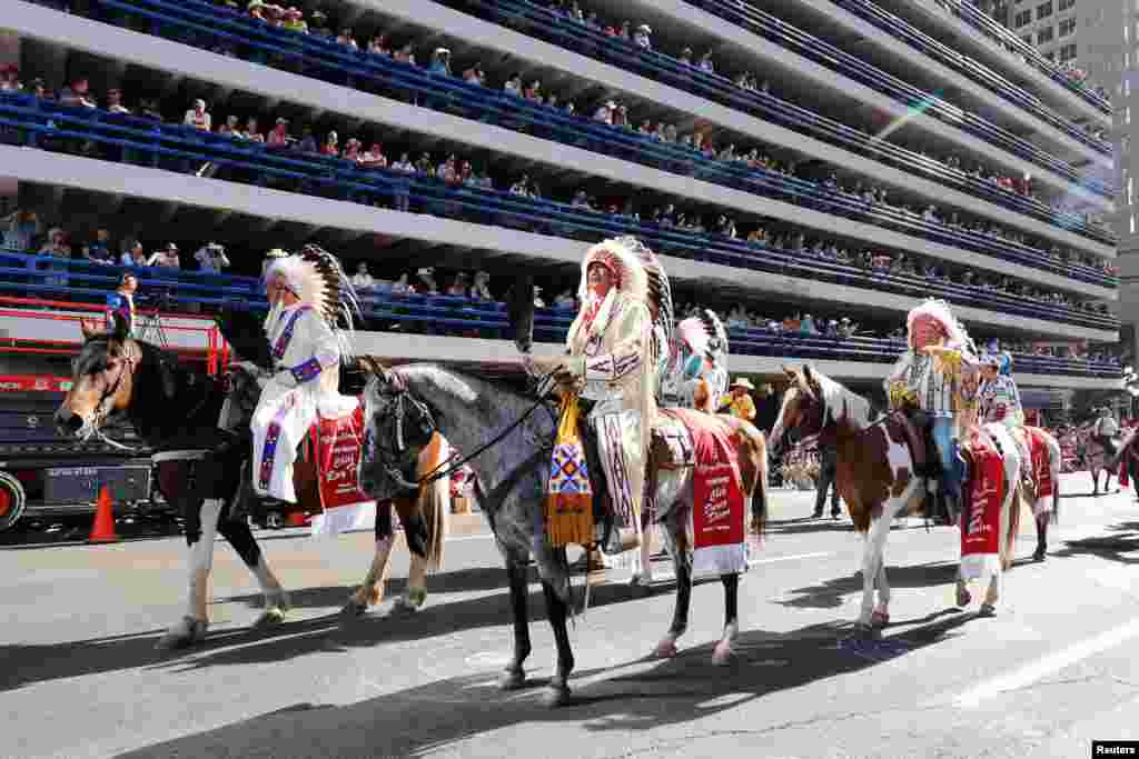 Chiefs from Treaty 7 First Nations lead the parade as parade marshals during the Calgary Stampede in Calgary, Alberta, Canada, July 7, 2017.